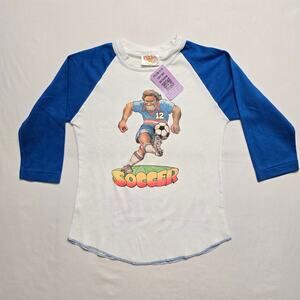 Vintage Raglan Shirt Medium Soccer Player Graphic White Blue Tee 80s